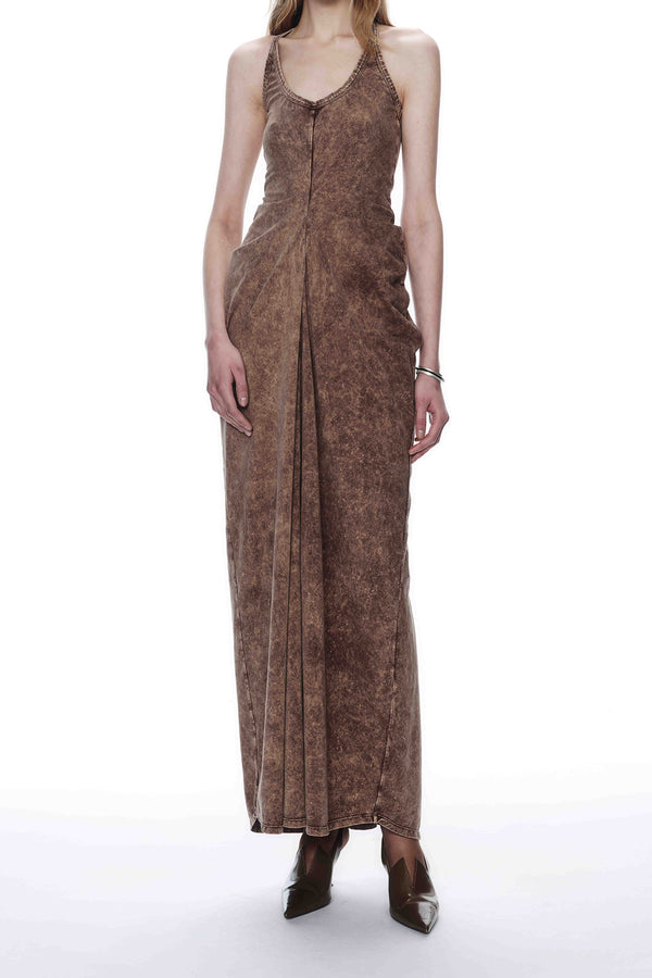 OUDE WAAG 25 Early Autumn Knitted Slim Drape Dress OW-OW-25PF-DS09C1BR041-ZB Brown and White